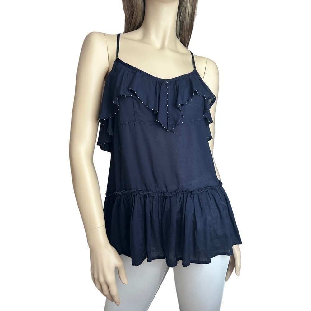Free People Navy 100% Rayon Peplum Boho Top Tank Shirt Blouse Ruffles Metal XS-S